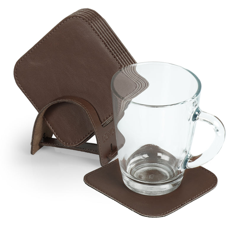 Londo Leather Coasters Set with Non-Slip Surface, Handcrafted Leather Cup Coaster, Beverage Square Coasters with Coaster Holder (Set of 6)