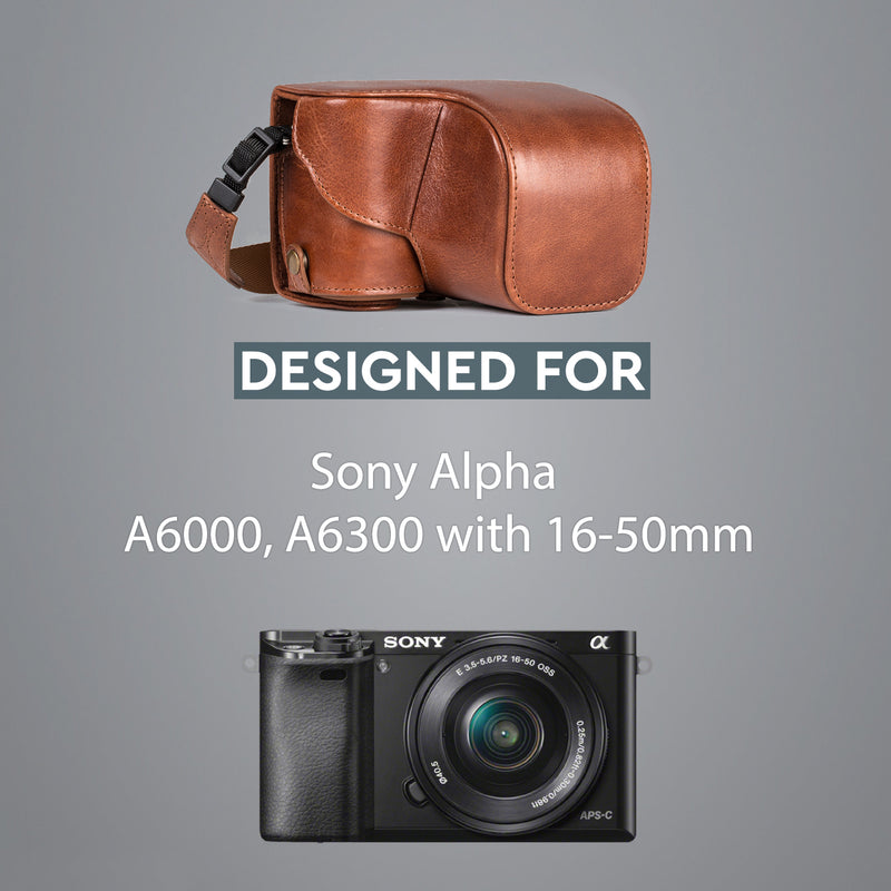 MegaGear Sony Alpha A6300, A6000 (16-50 mm) Ever Ready Top Grain Leather Camera Case and Strap
