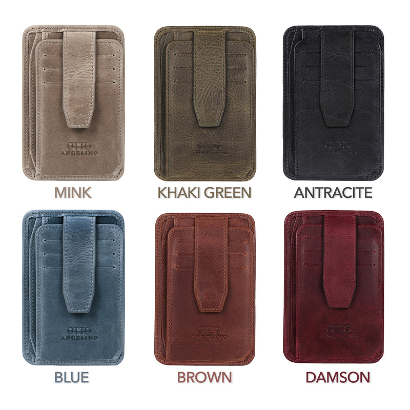 Otto Angelino Italian Top Grain Leather Minimalist Men Wallet, Slim, Credit Card Holder, Zippered Coin Slot, RFID Blocking