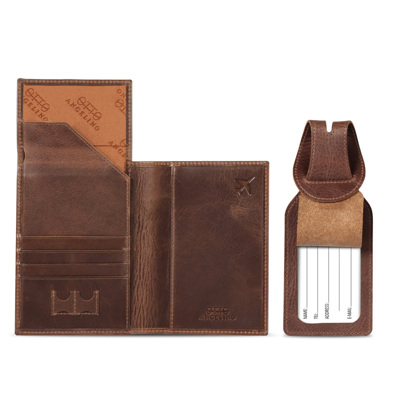 Otto Angelino Personalized Top Grain Leather Passport Cover with Luggage Tag, RFID Passport Wallet and Card Holder Travel Wallet
