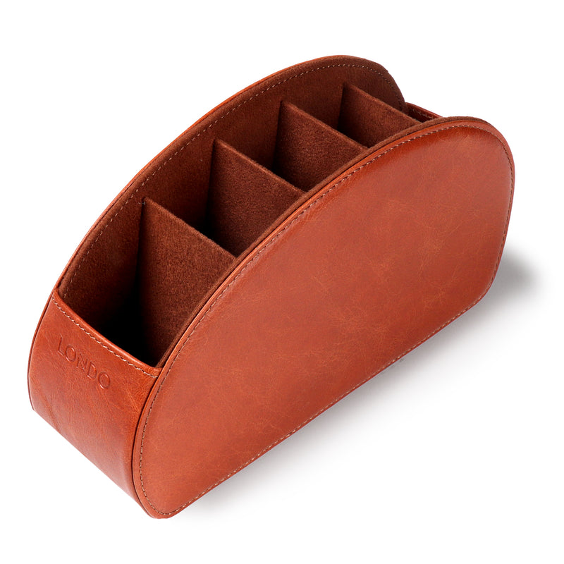 Londo Remote Control Holder with 5 Pockets, Store DVD, Blu-Ray, TV, Roku or Apple TV Remotes, Italian Top Grain Leather with Suede Lining