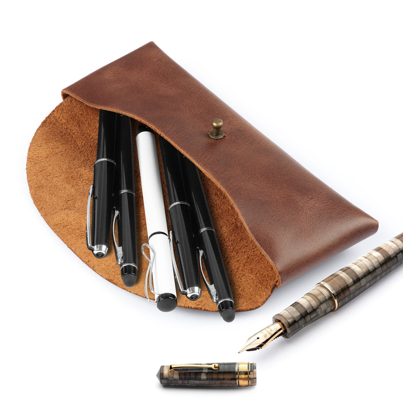 Londo Top Grain Leather Pen Case with Metal Snap Fastener Pencil