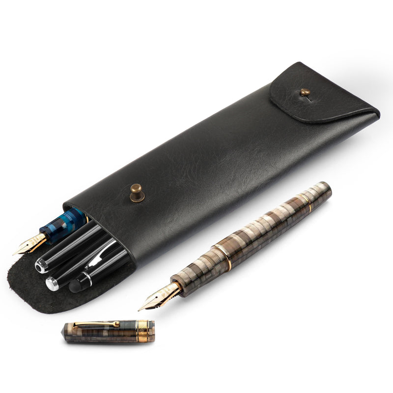 Londo Top Grain Leather Pen Case with Metal Snap Fastener, Pencil Pouch Stationery Bag