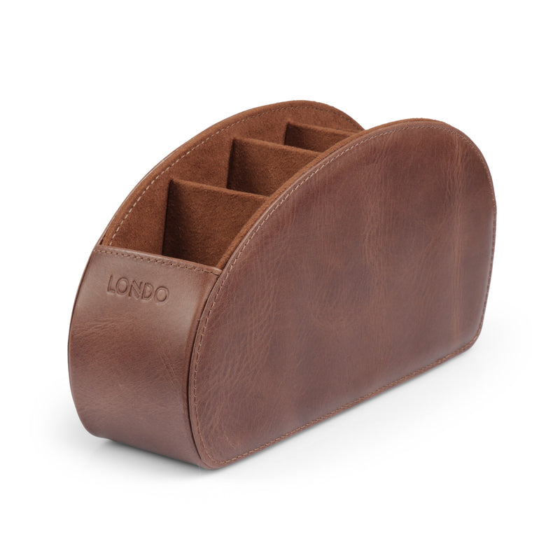 Londo Remote Control Holder with 5 Pockets, Store DVD, Blu-Ray, TV, Roku or Apple TV Remotes, Italian Top Grain Leather with Suede Lining