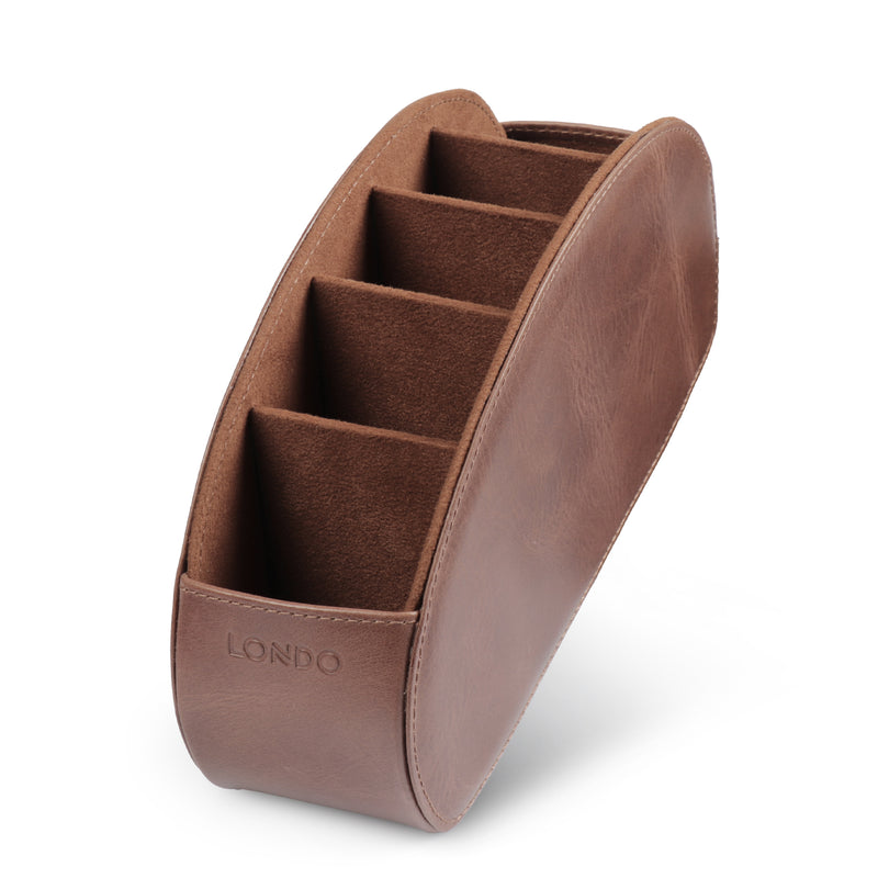 Londo Remote Control Holder with 5 Pockets, Store DVD, Blu-Ray, TV, Roku or Apple TV Remotes, Italian Top Grain Leather with Suede Lining
