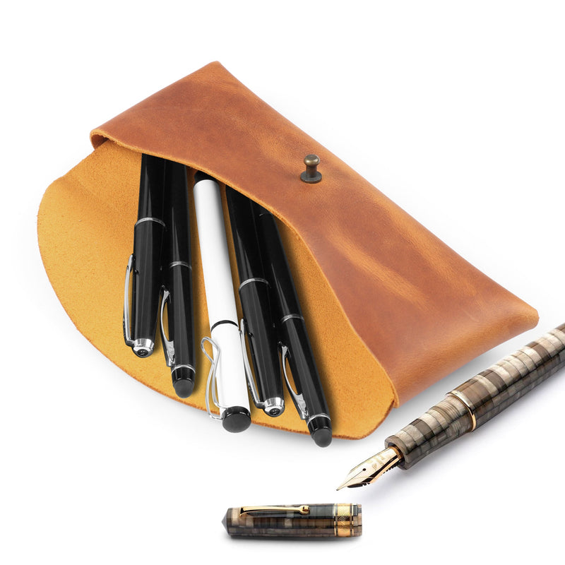 Londo Top Grain Leather Pen Case with Metal Snap Fastener, Pencil Pouch Stationery Bag