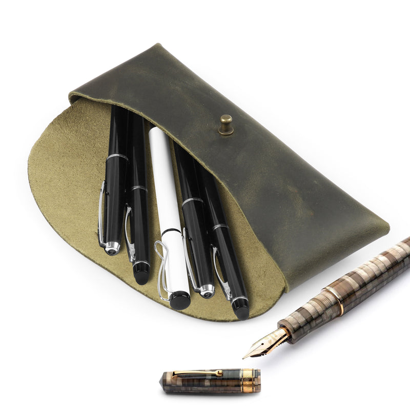 Londo Top Grain Leather Pen Case with Metal Snap Fastener, Pencil Pouch Stationery Bag