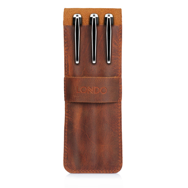 Londo Top Grain Leather Pen and Pencil Case with Tuck in Flap