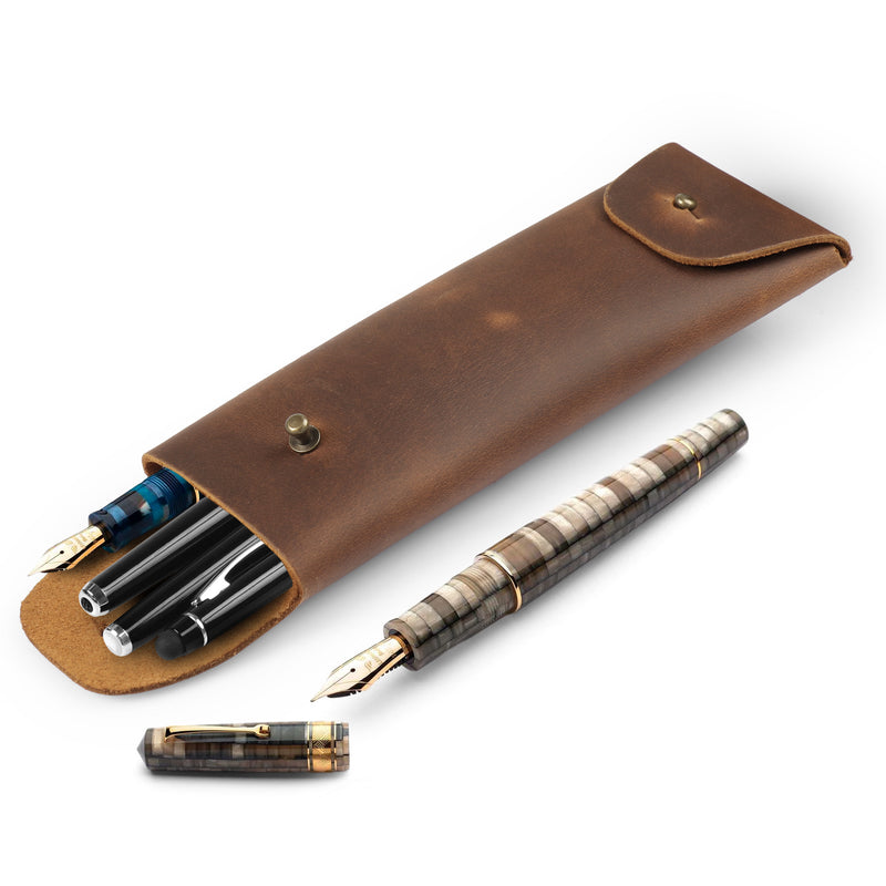 Londo Top Grain Leather Pen Case with Metal Snap Fastener, Pencil Pouch Stationery Bag