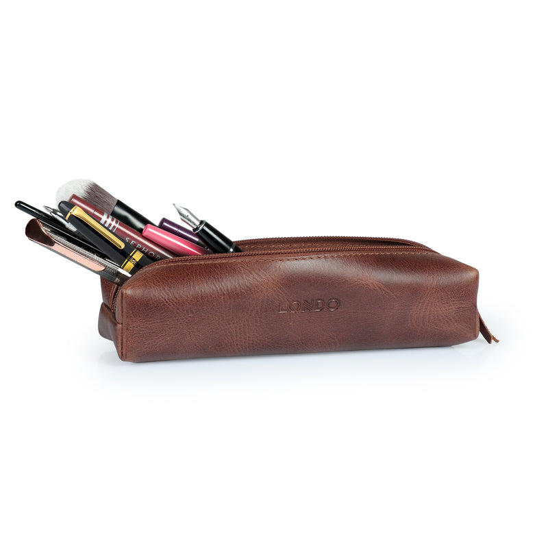 Londo Top Grain Leather Pen Case with Zipper Closure Pencil Pouch Maroon