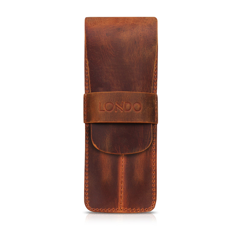Londo Top Grain Leather Pen and Pencil Case with Tuck in Flap - Two Compartment