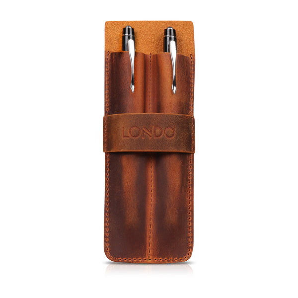 Londo Top Grain Leather Pen and Pencil Case with Tuck in Flap - Two Compartment
