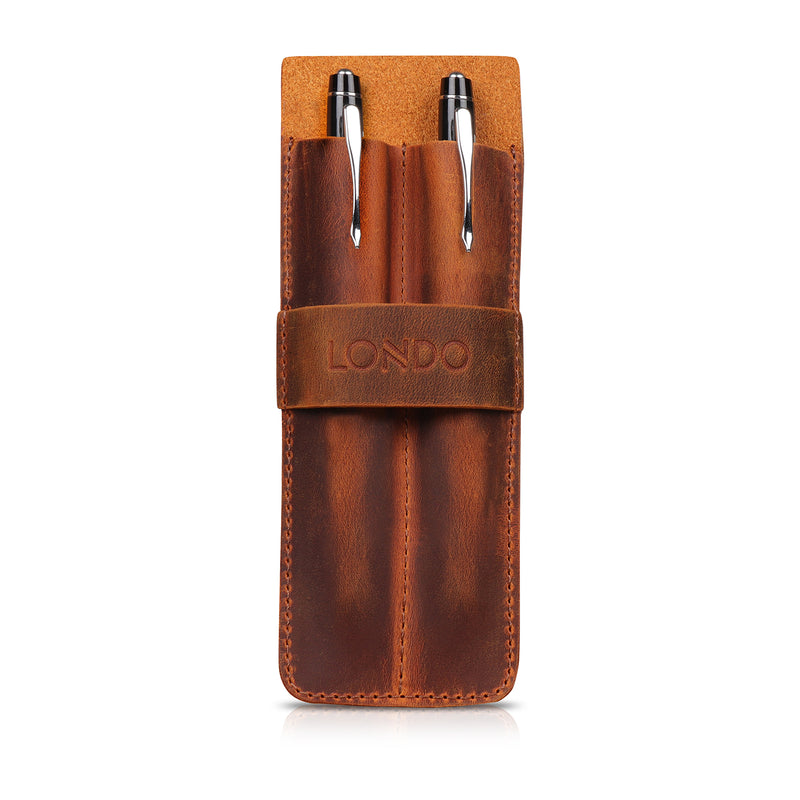 Londo Top Grain Leather Pen and Pencil Case with Tuck in Flap - Two Compartment