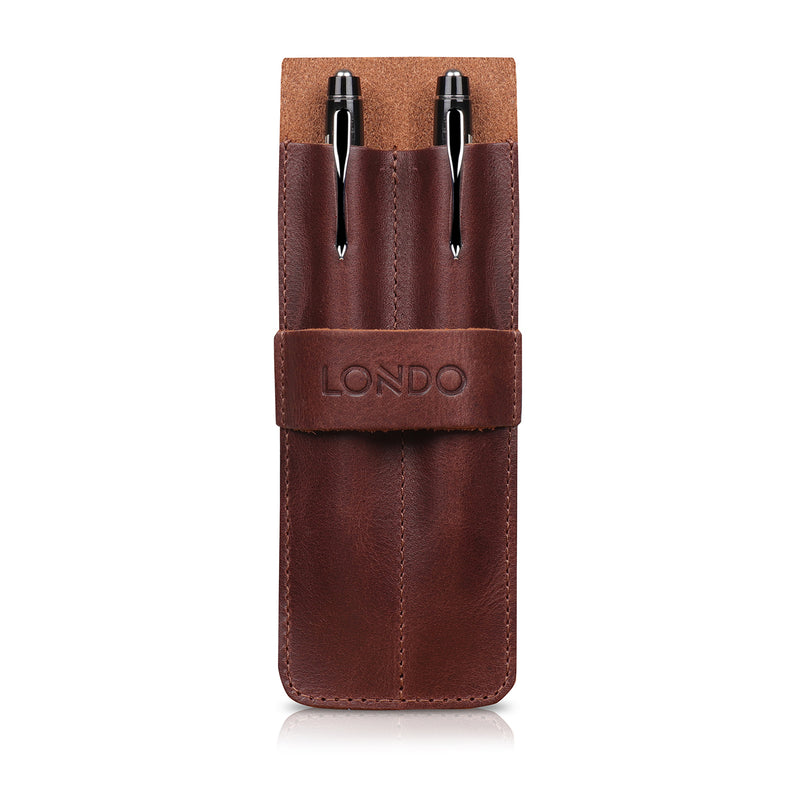 Londo Top Grain Leather Pen and Pencil Case with Tuck in Flap - Two Compartment