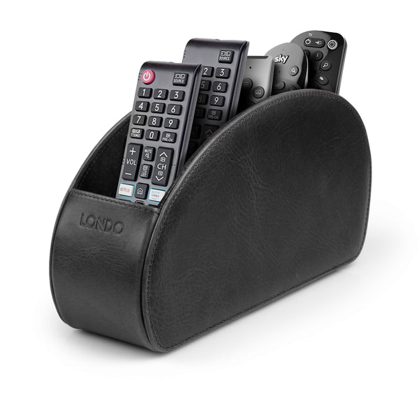 Londo Remote Control Holder with 5 Pockets, Store DVD, Blu-Ray, TV, Roku or Apple TV Remotes, Italian Top Grain Leather with Suede Lining