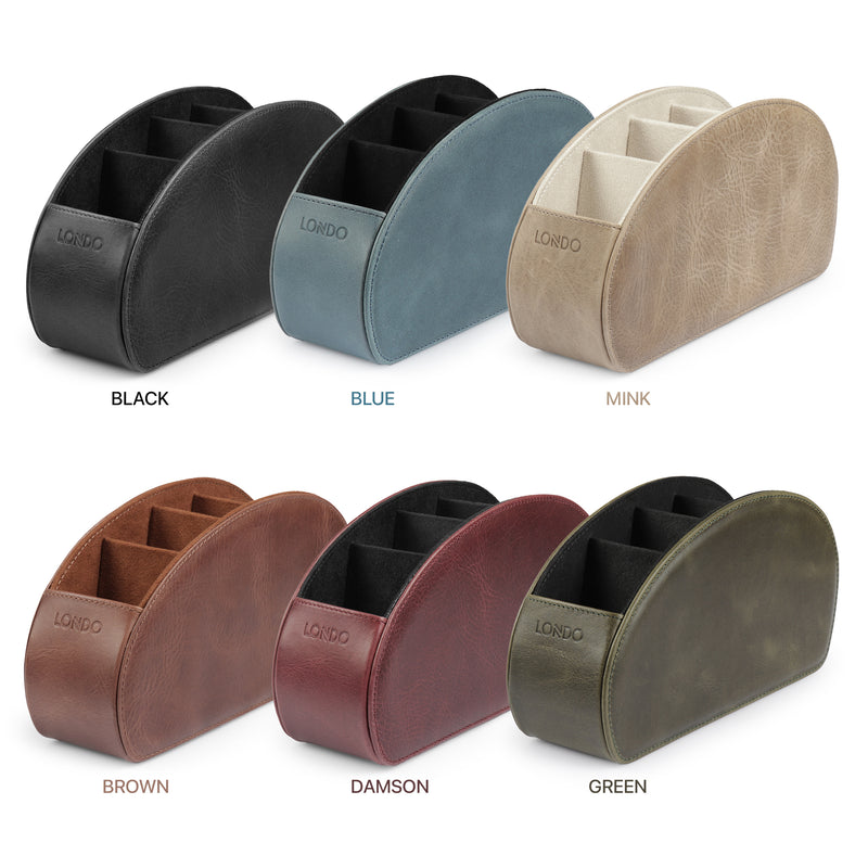Londo Remote Control Holder with 5 Pockets, Store DVD, Blu-Ray, TV, Roku or Apple TV Remotes, Italian Top Grain Leather with Suede Lining