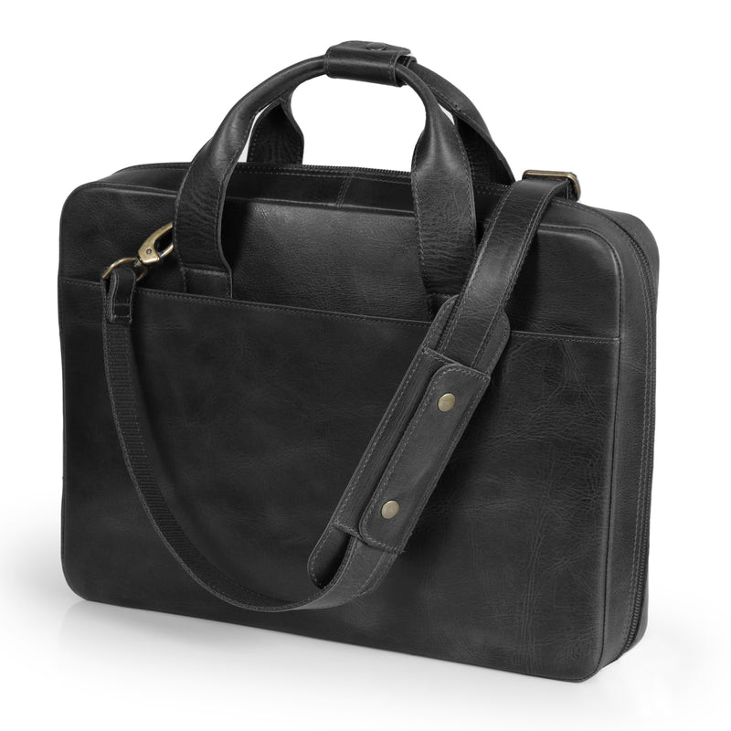 Black Leather Laptop Briefcase - Full Grain Messenger Bag for Men