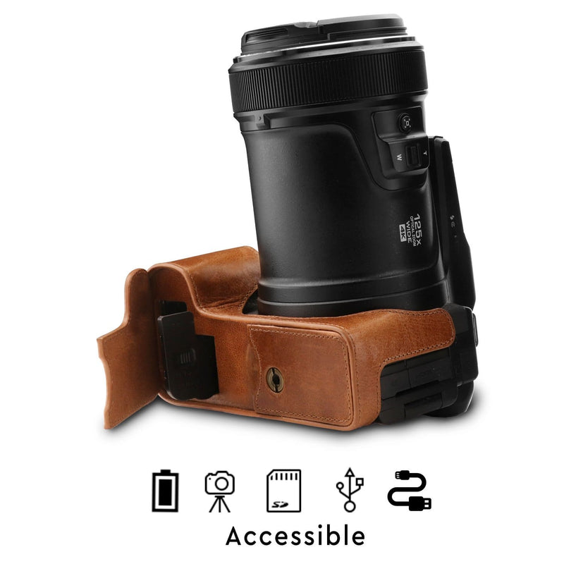 MegaGear Nikon Coolpix P1000 Ever Ready Leather Camera Half Case and Strap