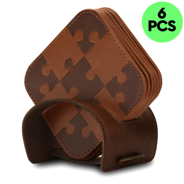 Londo Leather Coasters Set with Non-Slip Surface, Jigsaw Puzzle Leather Cup Coaster, Beverage Square Coasters with Coaster Holder (Set of 6)