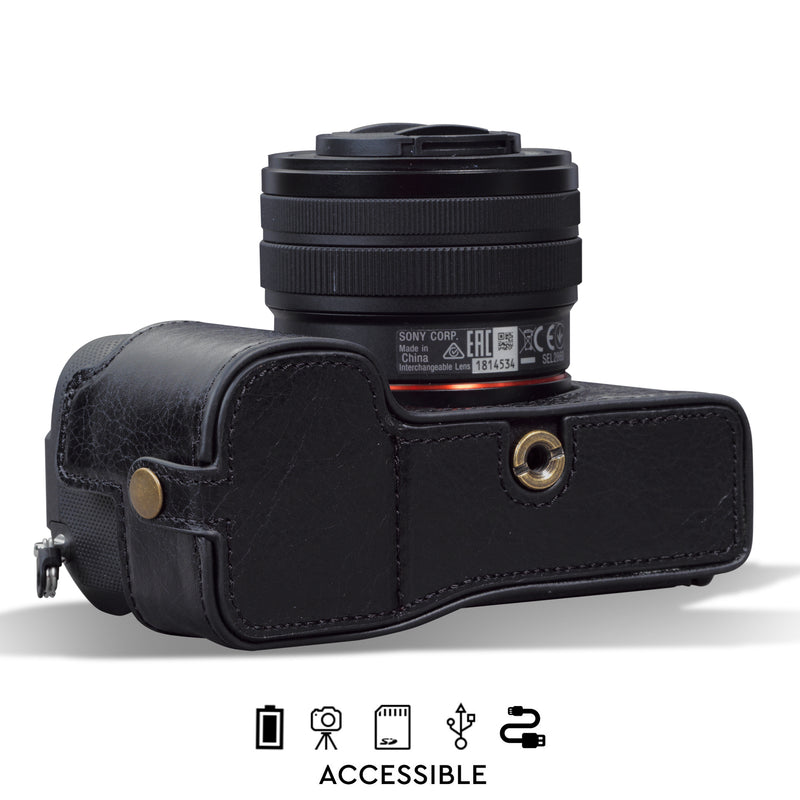 MegaGear Sony Alpha A7C Ever Ready Genuine Leather Camera Half Case, Bag and Accessories - Black-3