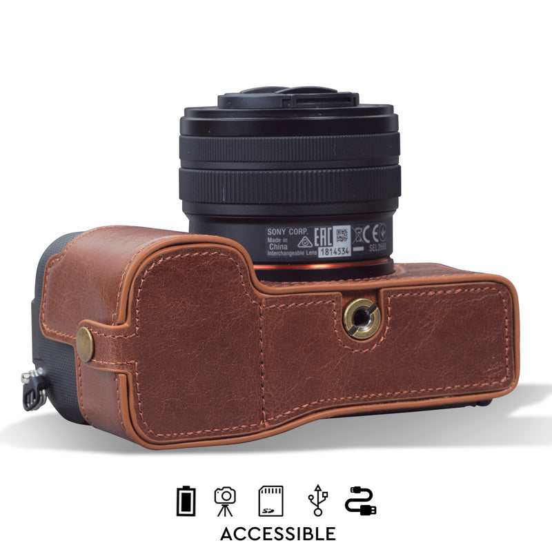 MegaGear Sony Alpha A7C Ever Ready Genuine Leather Camera Half Case, Bag and Accessories - Brown-3