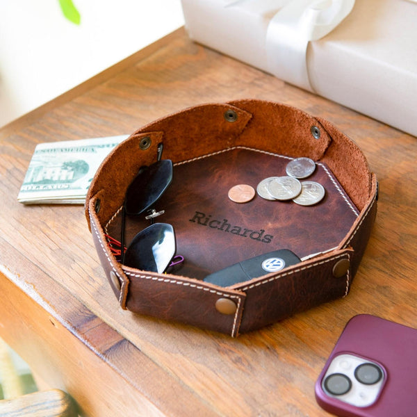 Londo Genuine Leather Round Tray Organizer - Practical Storage Box for Wallets, Watches, Keys, Coins, Cell Phones and Office Equipment